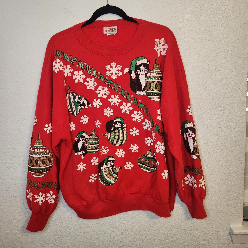 Vintage 1990 Nut Cracker Kitten Sweater Christmas Red Holiday Sweatshirts 42 - Picture 1 of 15
